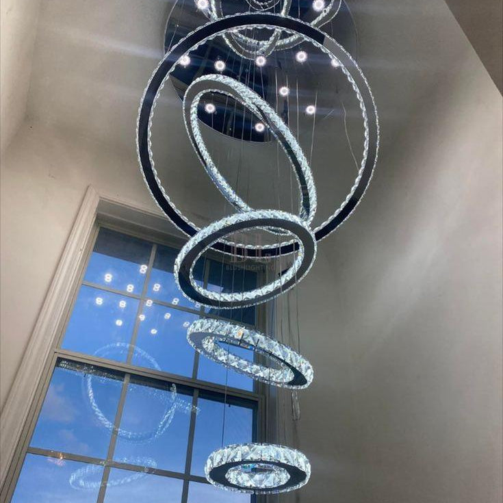Light Luxury 5/6/7 Rings Crystal Chandelier for Staircase/Foyer/Villa - 2 Rings:Dia(11.8"+19.7")GoldBlushlighting