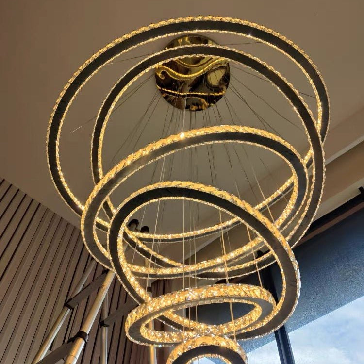 Light Luxury 5/6/7 Rings Crystal Chandelier for Staircase/Foyer/Villa - 2 Rings:Dia(11.8"+19.7")GoldBlushlighting