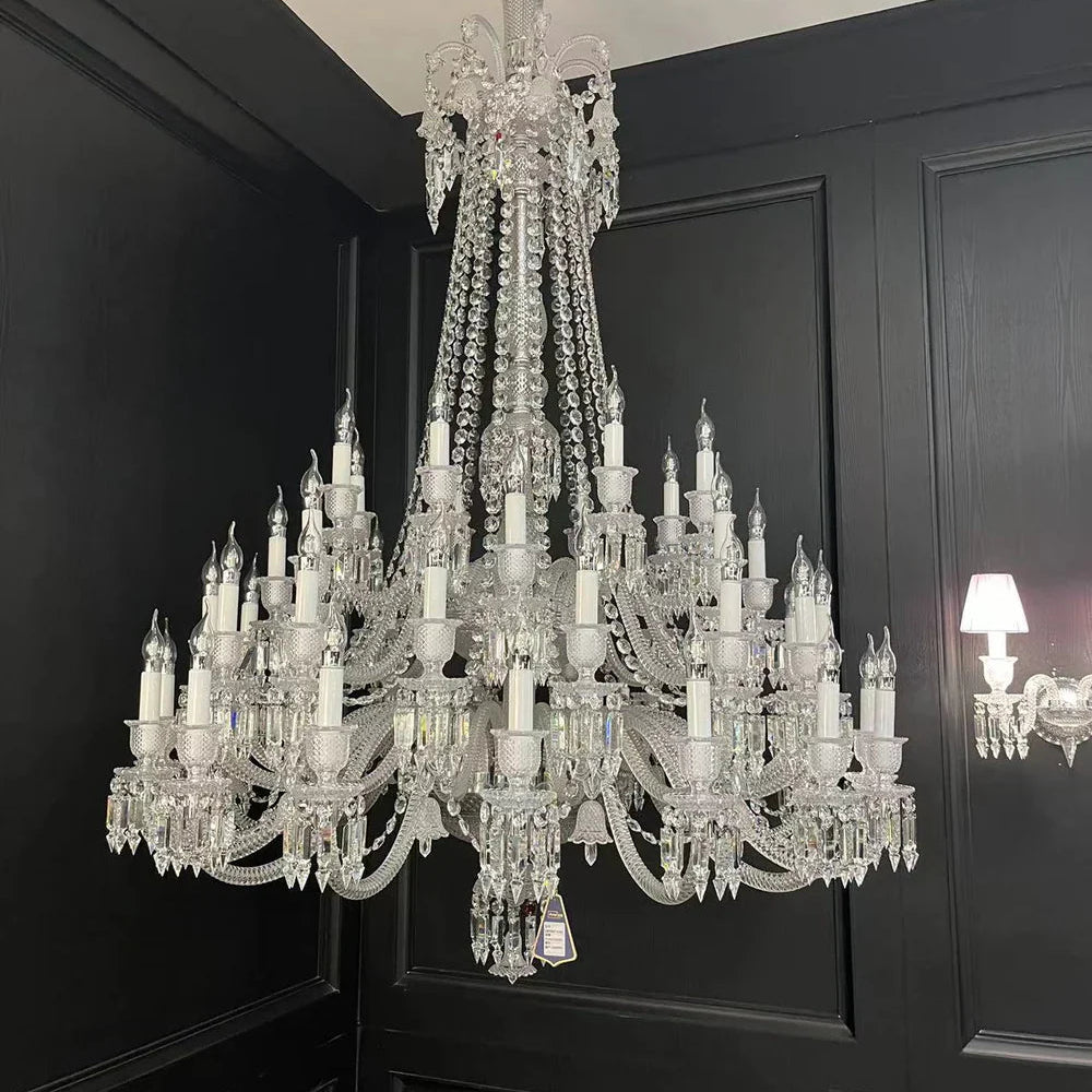 Light Luxury Classic Long Version Tiered Candle Light Crystal Chandelier for High-ceiling Rooms/Living Room - 84 Lights/D79.92"*H124.8"/225kgWithout LampshadeWarm LightBlushlighting