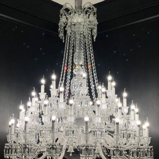 Light Luxury Classic Long Version Tiered Candle Light Crystal Chandelier for High-ceiling Rooms/Living Room - 84 Lights/D79.92"*H124.8"/225kgWithout LampshadeWarm LightBlushlighting
