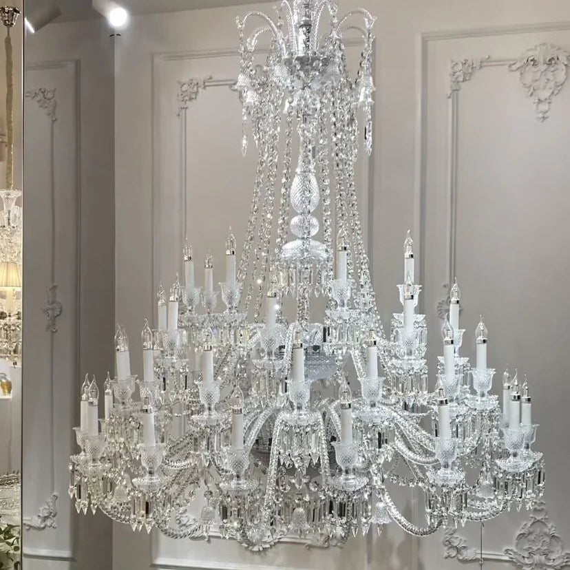 Light Luxury Classic Long Version Tiered Candle Light Crystal Chandelier for High-ceiling Rooms/Living Room - 84 Lights/D79.92"*H124.8"/225kgWithout LampshadeWarm LightBlushlighting