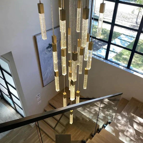 Light Luxury Glacier Bubble Crystsal Chandelier in Gold/Chrome/Black Finish for Staircase/Foyer - Rectangle Canopy/3 Lights/L35.4"*W7.08"*H118.1"GoldBlushlighting