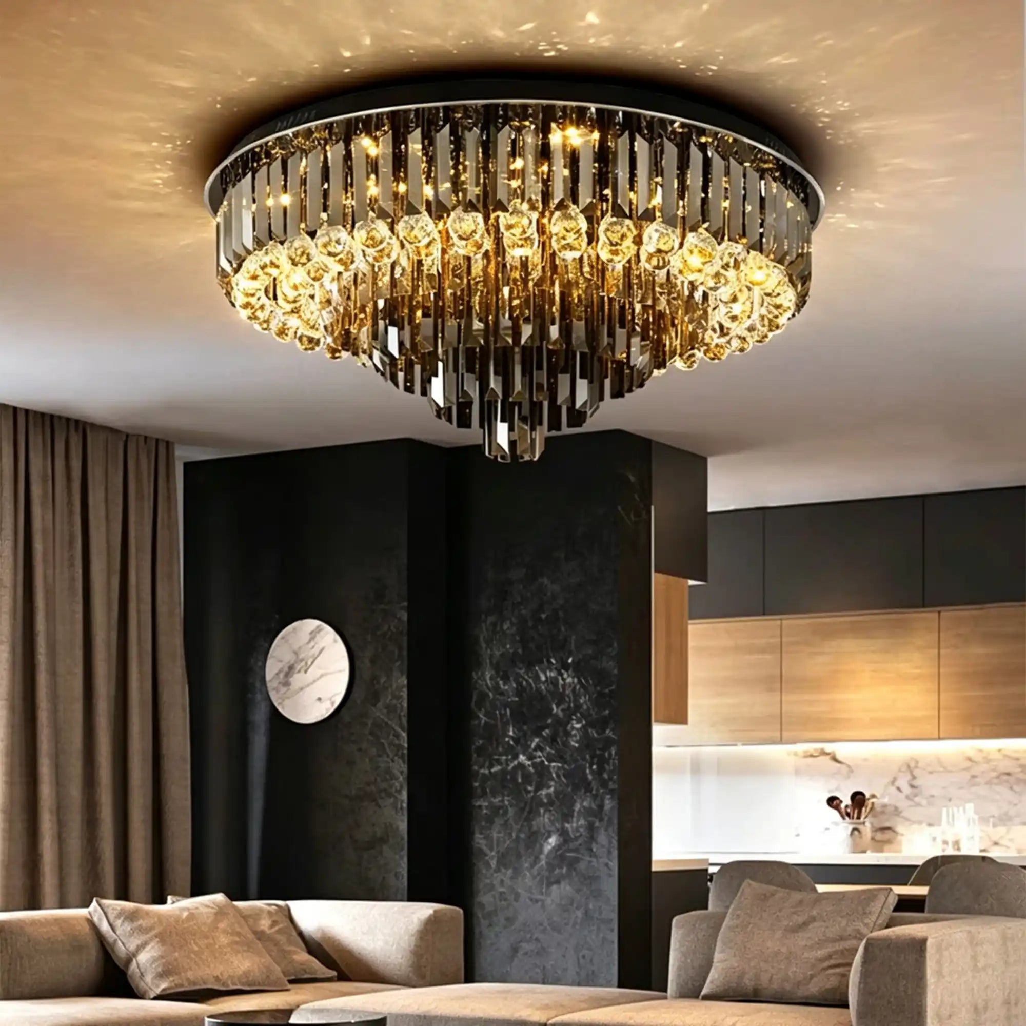 Light Luxury Smoke Gray Round Crystal Flush Mount - D59.28''*H23.8''/107.6kgWarm LightBlushlighting