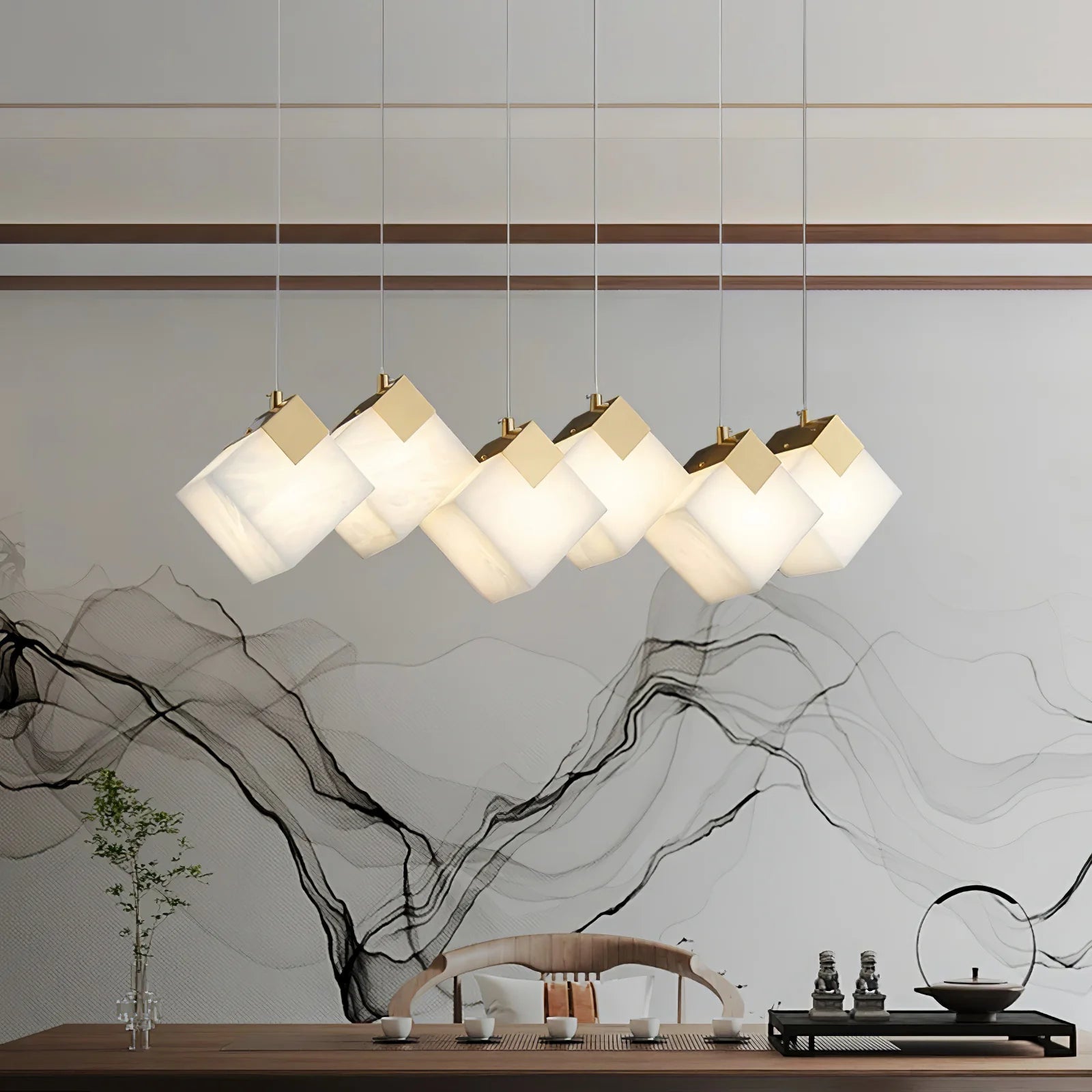 Linear Alabaster Cube Chandelier 6-Light Brass Island Pendant Light - 10-Lights ∅ 47.2" x H 3.9"Gold & WhiteBlushlighting