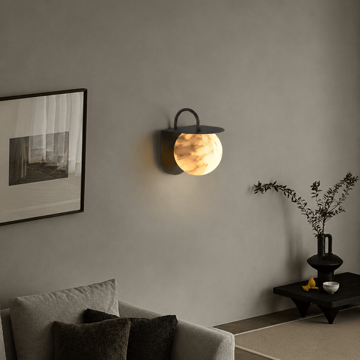 Living Room Wall Sconce | Spanish Alabaster Contemporary | Novera - L8.5 × W6.3 × H7.1 inBlushlighting