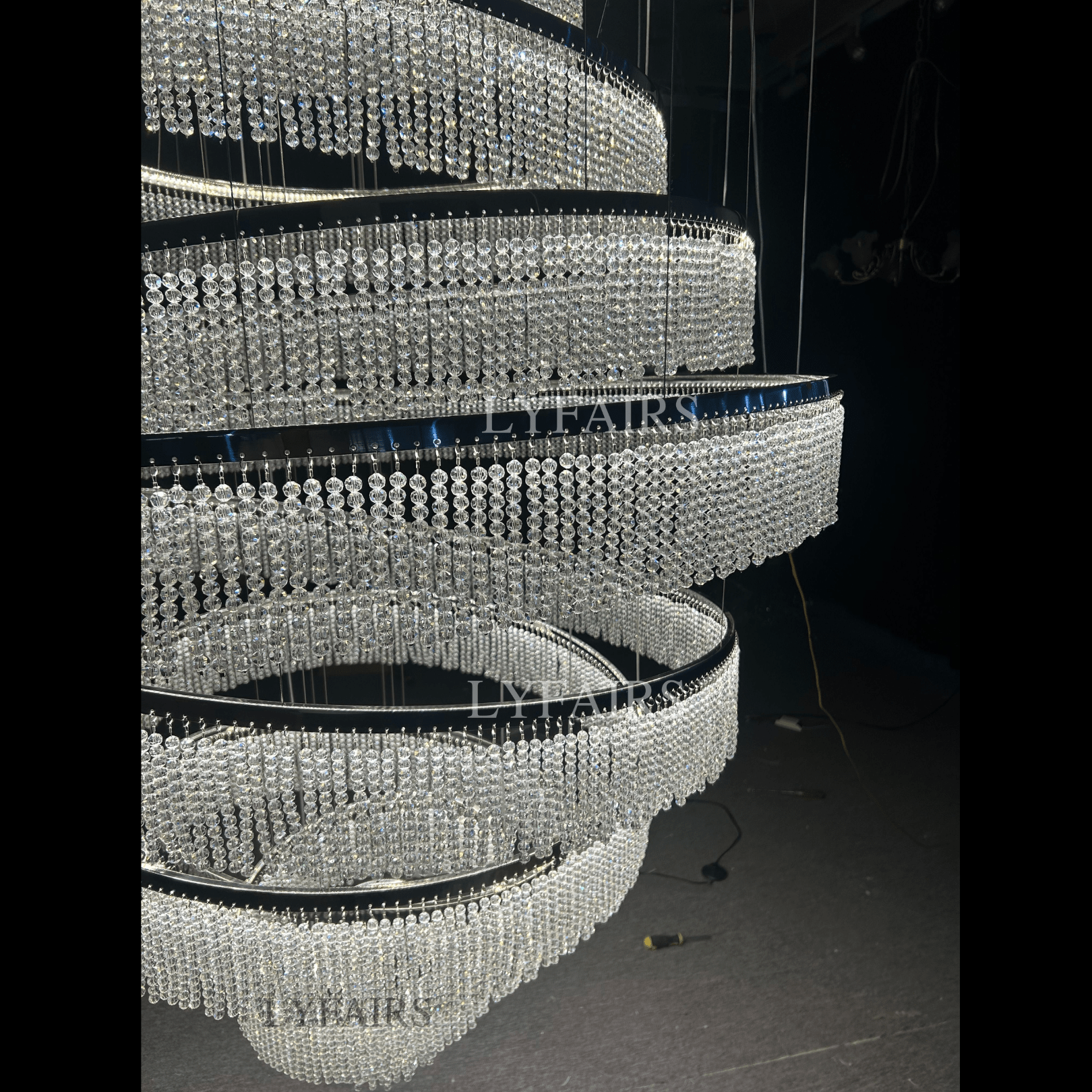 Long Crystal Tassel Rings Chandelier Extra Large Living Room Staircase High Ceiling Lighting Fixture - 11 Rings/ D47.2"*H118.1"Warm LightBlushlighting