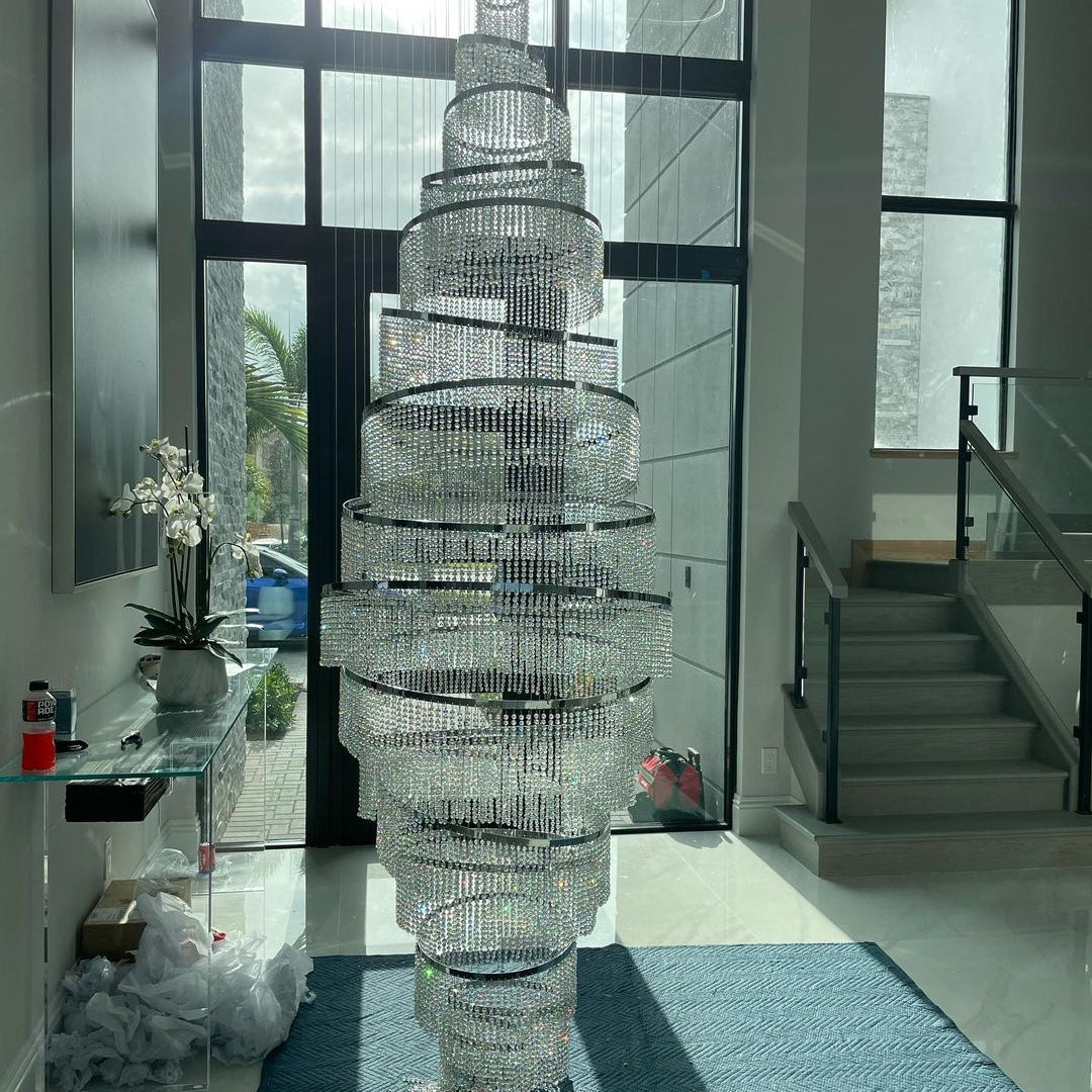 Long Crystal Tassel Rings Chandelier Extra Large Living Room Staircase High Ceiling Lighting Fixture - 11 Rings/ D47.2"*H118.1"Warm LightBlushlighting