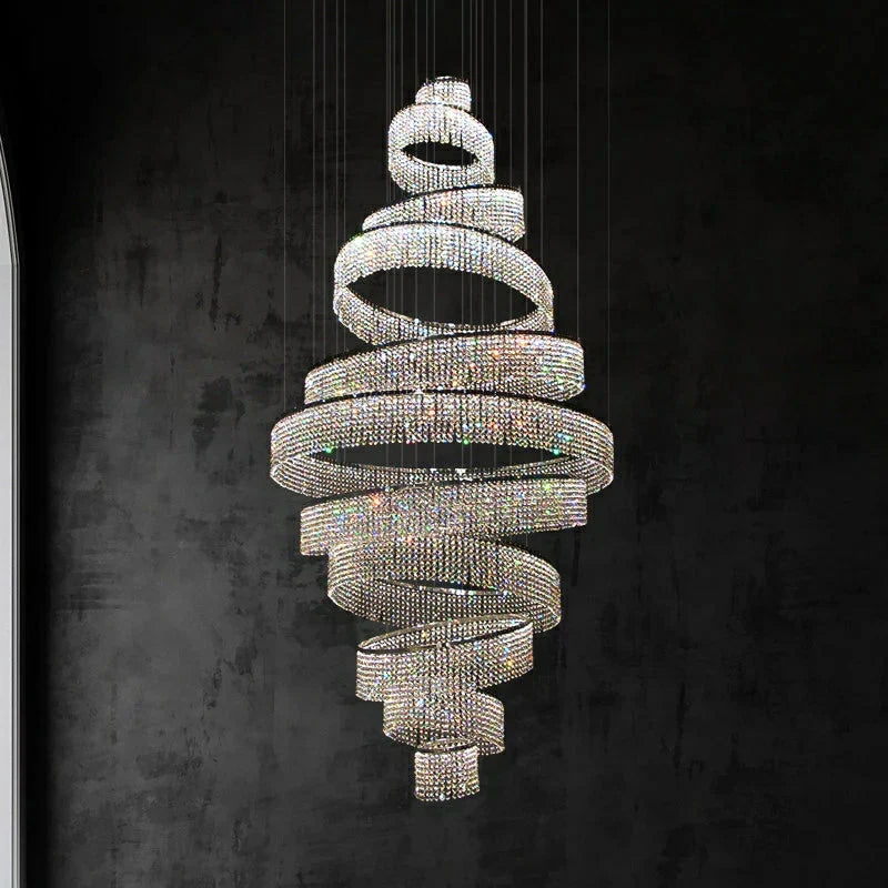 Long Crystal Tassel Rings Chandelier Extra Large Living Room Staircase High Ceiling Lighting Fixture-