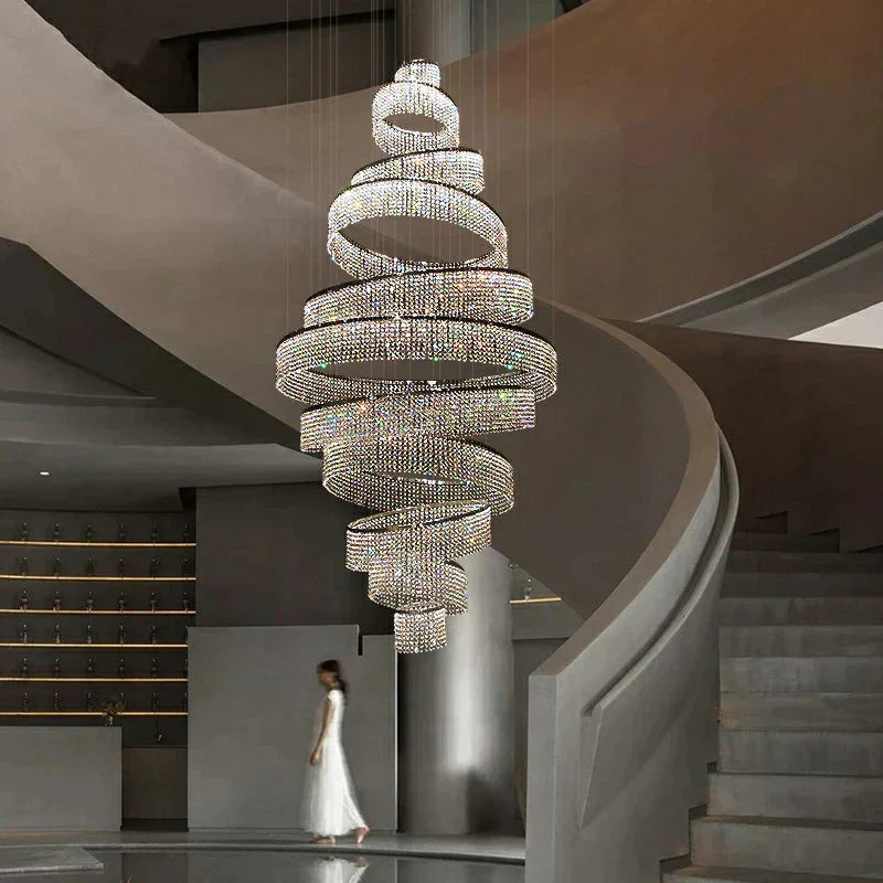 Long Crystal Tassel Rings Chandelier Extra Large Living Room Staircase High Ceiling Lighting Fixture-