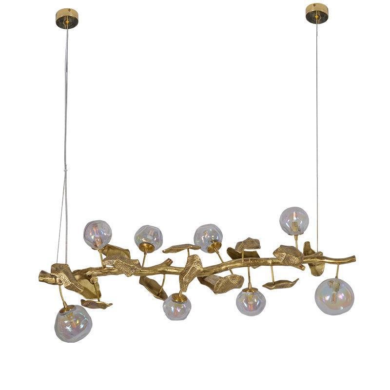 Long Organic Glass Bubble Brass Leaves Branch Chandelier 59" L - Blushlighting