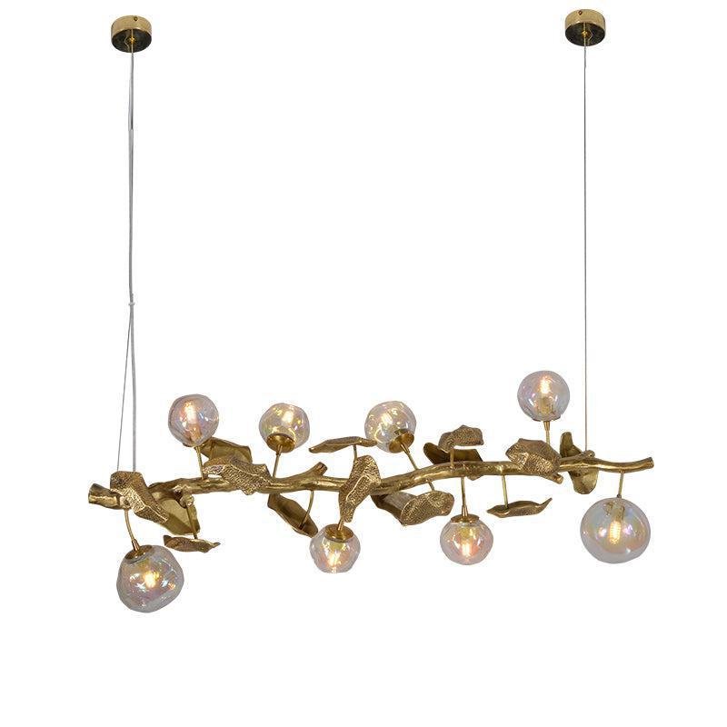 Long Organic Glass Bubble Brass Leaves Branch Chandelier 59" L - Blushlighting