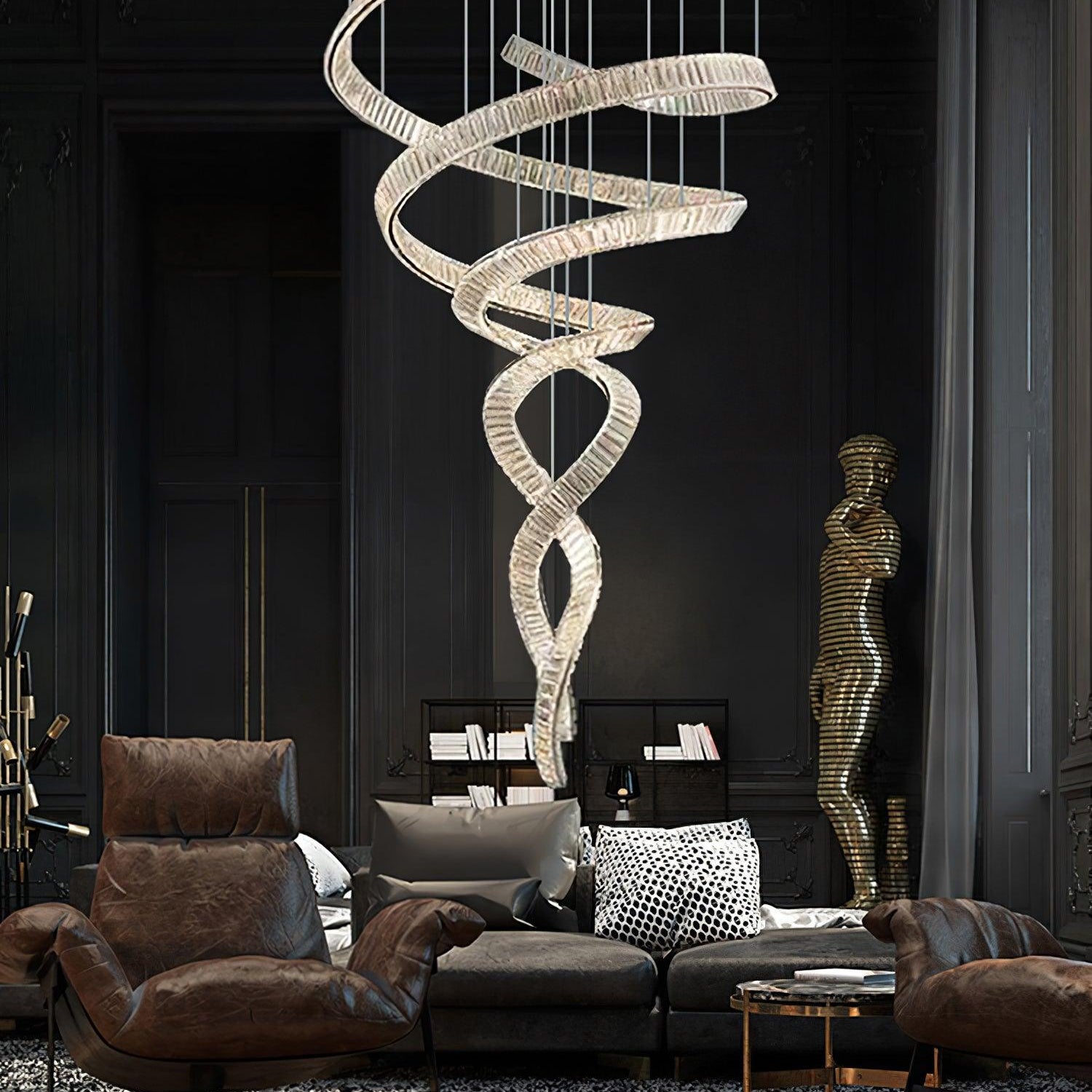 Long Spiral Crystal Chandelier - ∅ 31.5″ x H 90.1″ / Dia 80cm x H 230cmStainless steel & Clear crystalWarm LightBlushlighting