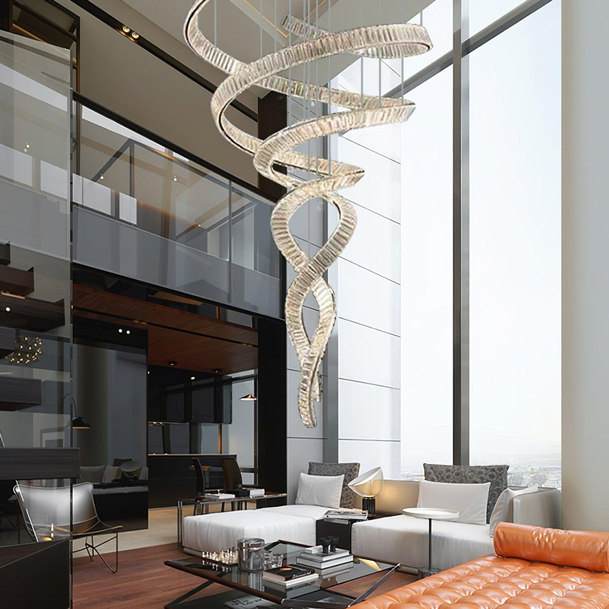 Long Spiral Crystal Chandelier - ∅ 31.5″ x H 90.1″ / Dia 80cm x H 230cmStainless steel & Clear crystalWarm LightBlushlighting