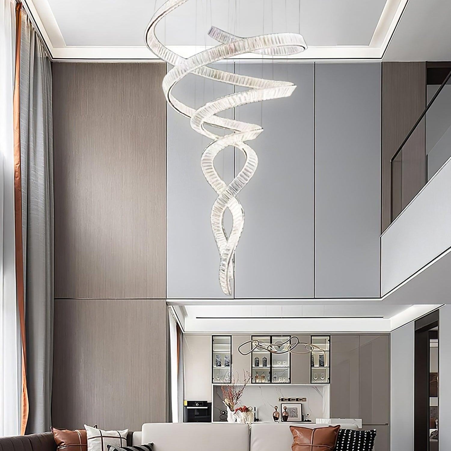 Long Spiral Crystal Chandelier - ∅ 31.5″ x H 90.1″ / Dia 80cm x H 230cmStainless steel & Clear crystalWarm LightBlushlighting