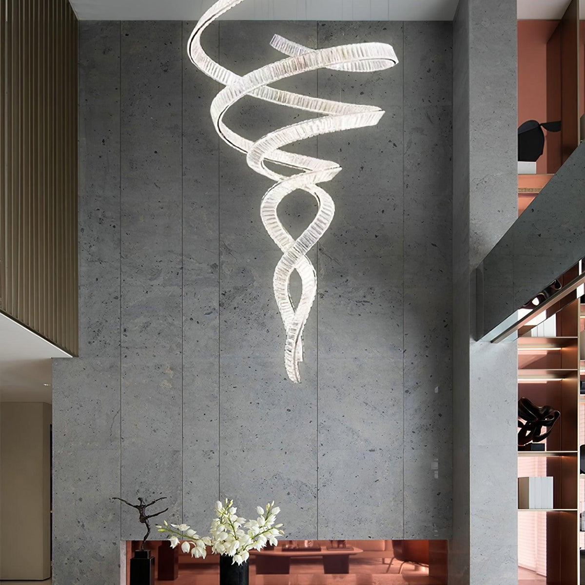 Long Spiral Crystal Chandelier - ∅ 31.5″ x H 90.1″ / Dia 80cm x H 230cmStainless steel & Clear crystalWarm LightBlushlighting