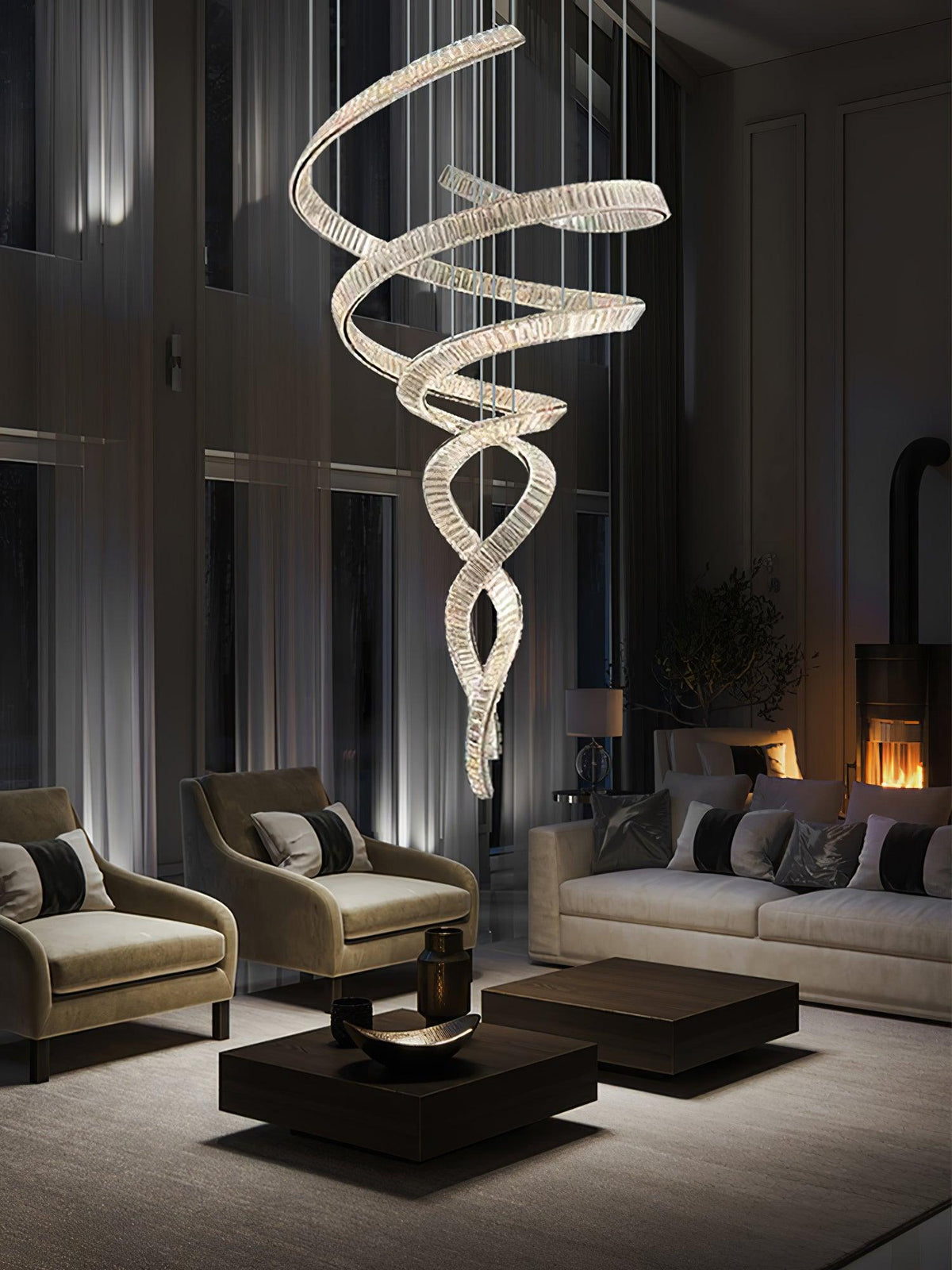 Long Spiral Crystal Chandelier - ∅ 31.5″ x H 90.1″ / Dia 80cm x H 230cmStainless steel & Clear crystalWarm LightBlushlighting