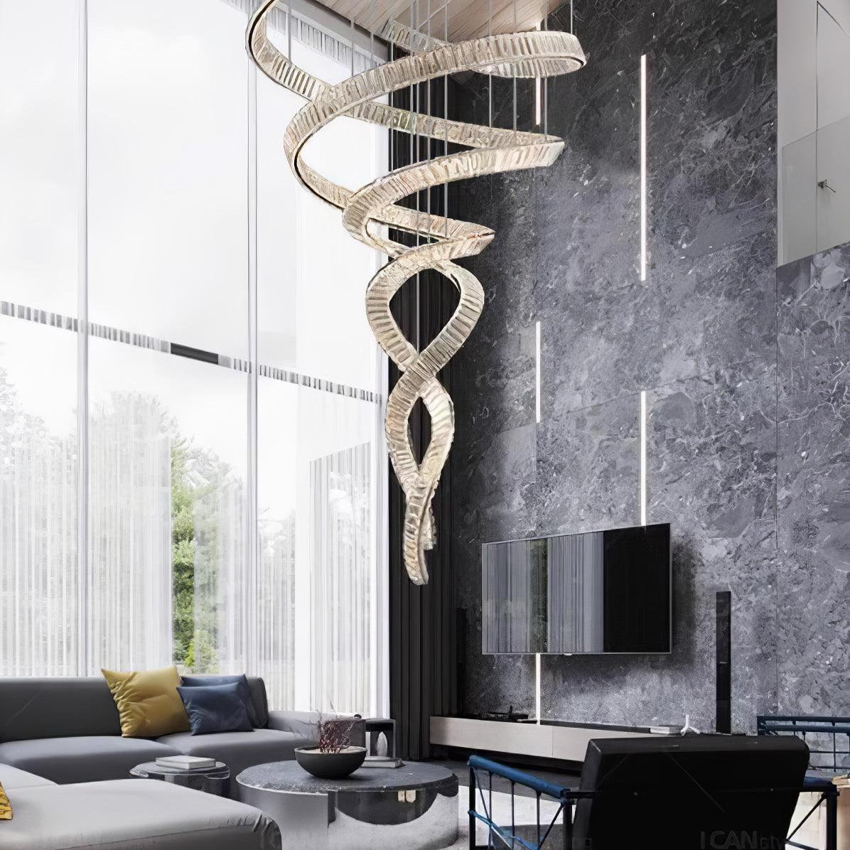 Long Spiral Crystal Chandelier - ∅ 31.5″ x H 90.1″ / Dia 80cm x H 230cmStainless steel & Clear crystalWarm LightBlushlighting