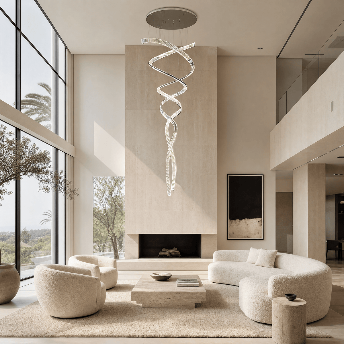 Long Spiral Crystal Chandelier with Stainless Steel Frame - ∅ 31.5″ x H 90.1″Stainless steel & Clear crystalCool LightBlushlighting