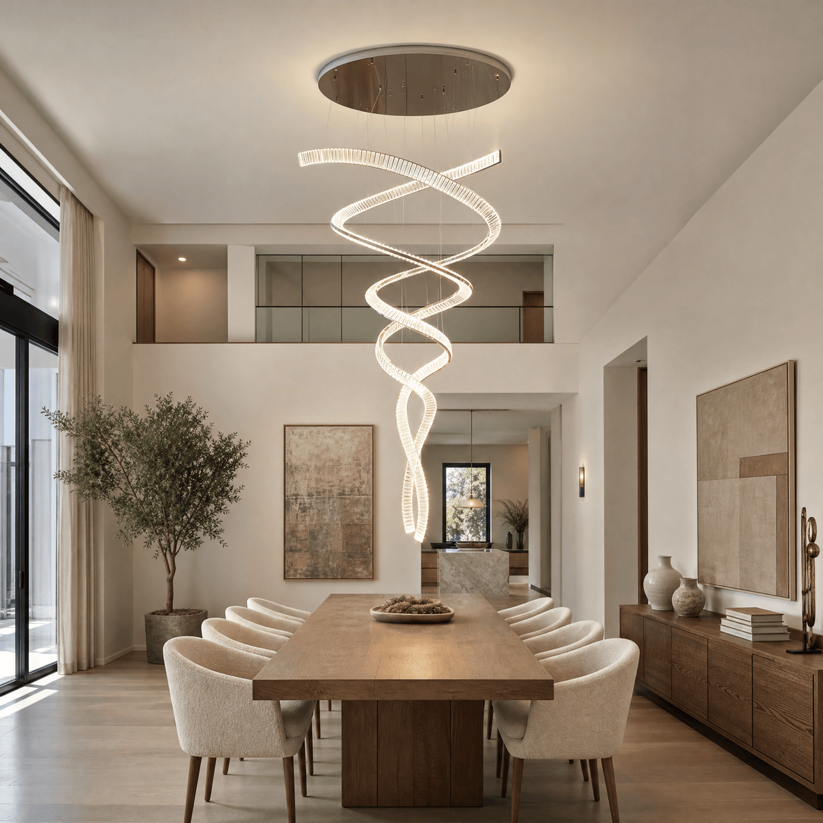 Long Spiral Crystal Chandelier with Stainless Steel Frame - ∅ 31.5″ x H 90.1″Stainless steel & Clear crystalCool LightBlushlighting