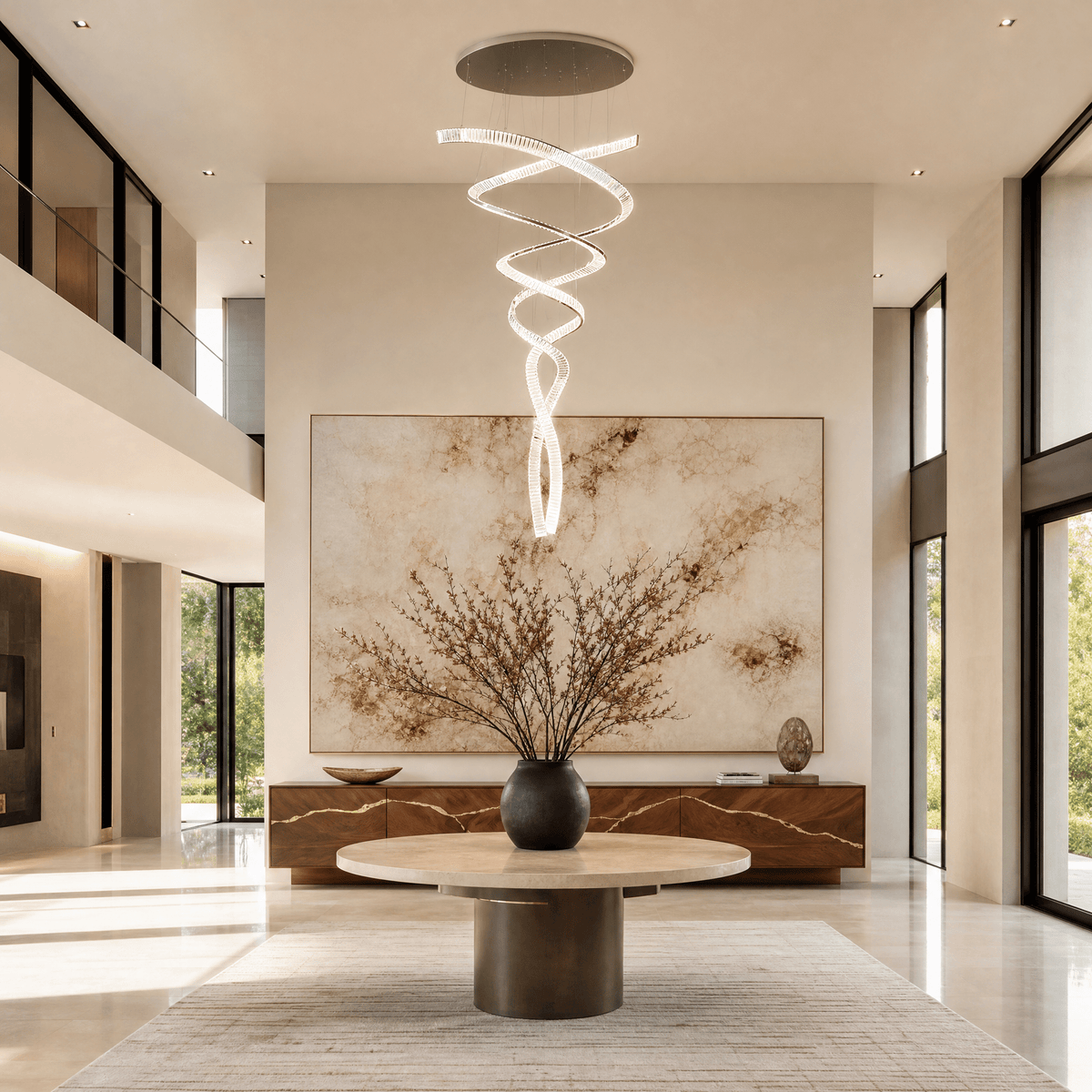 Long Spiral Crystal Chandelier with Stainless Steel Frame - ∅ 31.5″ x H 90.1″Stainless steel & Clear crystalCool LightBlushlighting