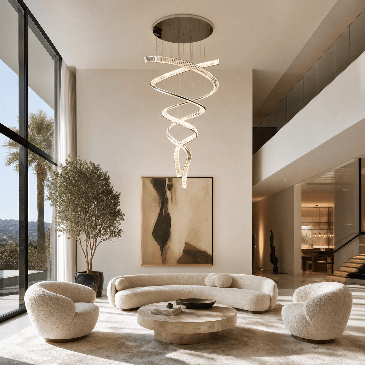 Long Spiral Crystal Chandelier with Stainless Steel Frame - ∅ 31.5″ x H 90.1″Stainless steel & Clear crystalCool LightBlushlighting