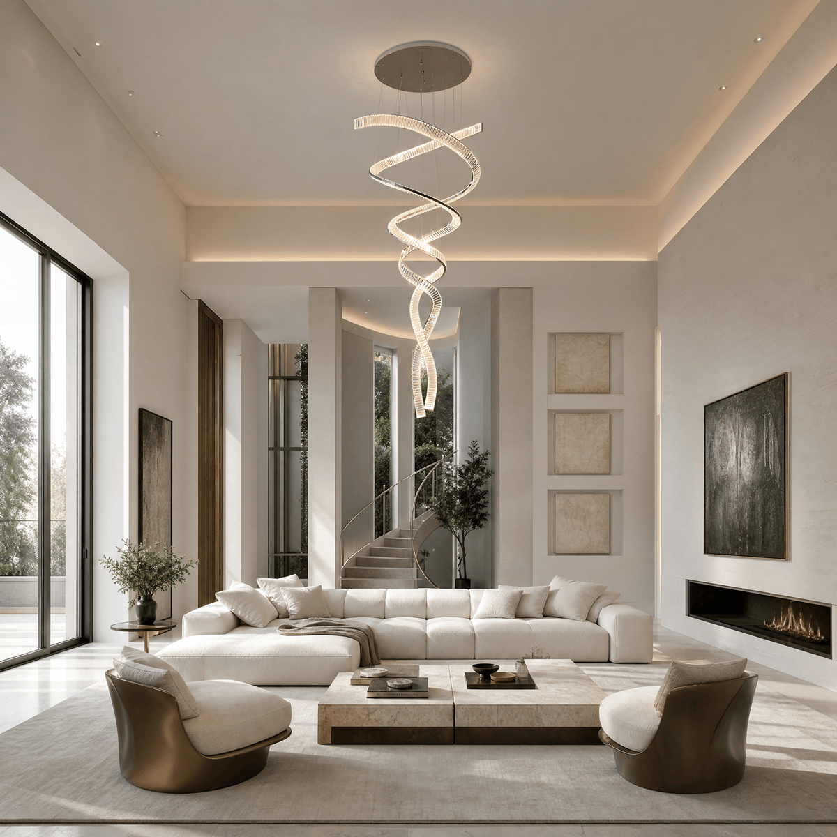Long Spiral Crystal Chandelier with Stainless Steel Frame - ∅ 31.5″ x H 90.1″Stainless steel & Clear crystalCool LightBlushlighting