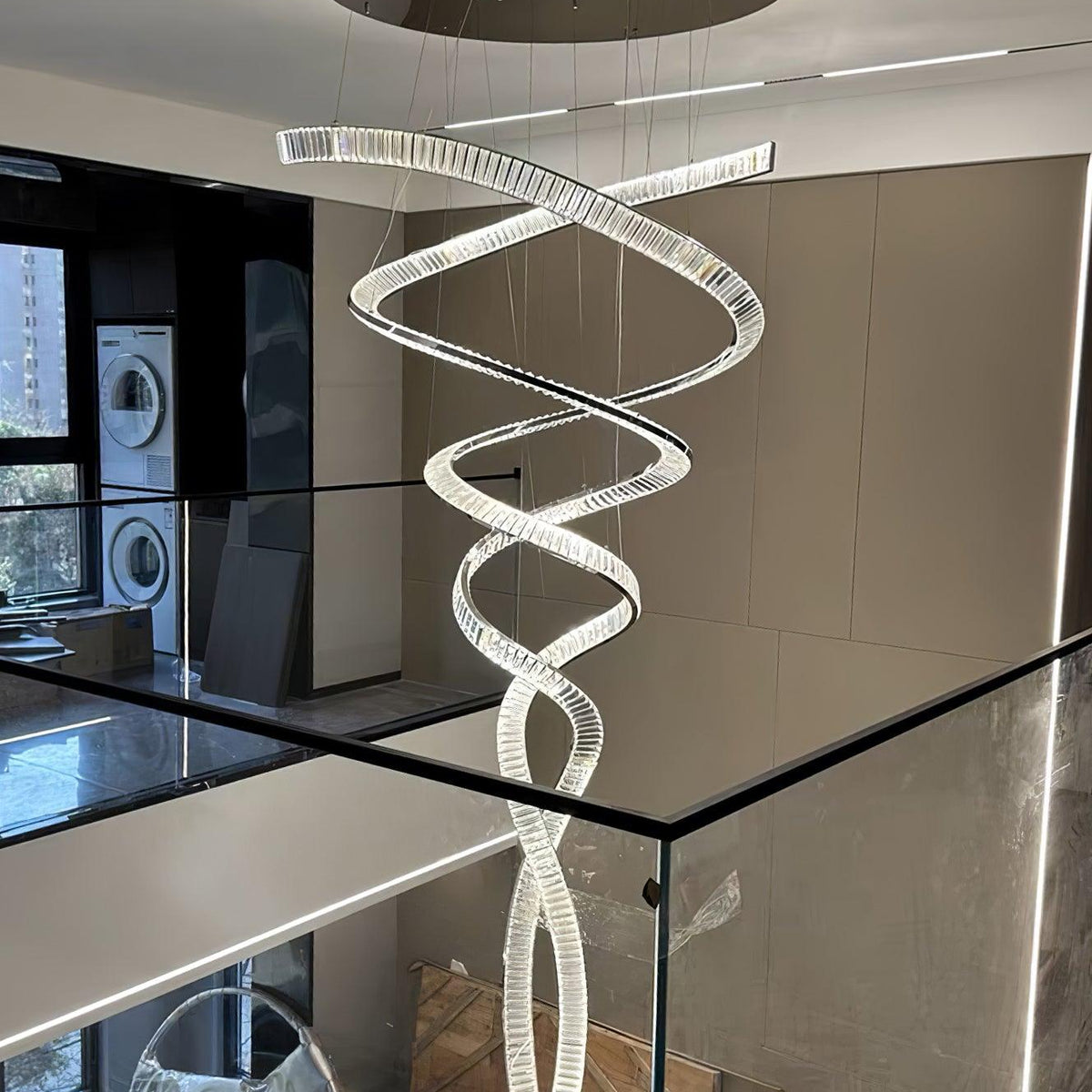 Long Spiral Crystal Chandelier with Stainless Steel Frame - ∅ 31.5″ x H 90.1″Stainless steel & Clear crystalWarm LightBlushlighting