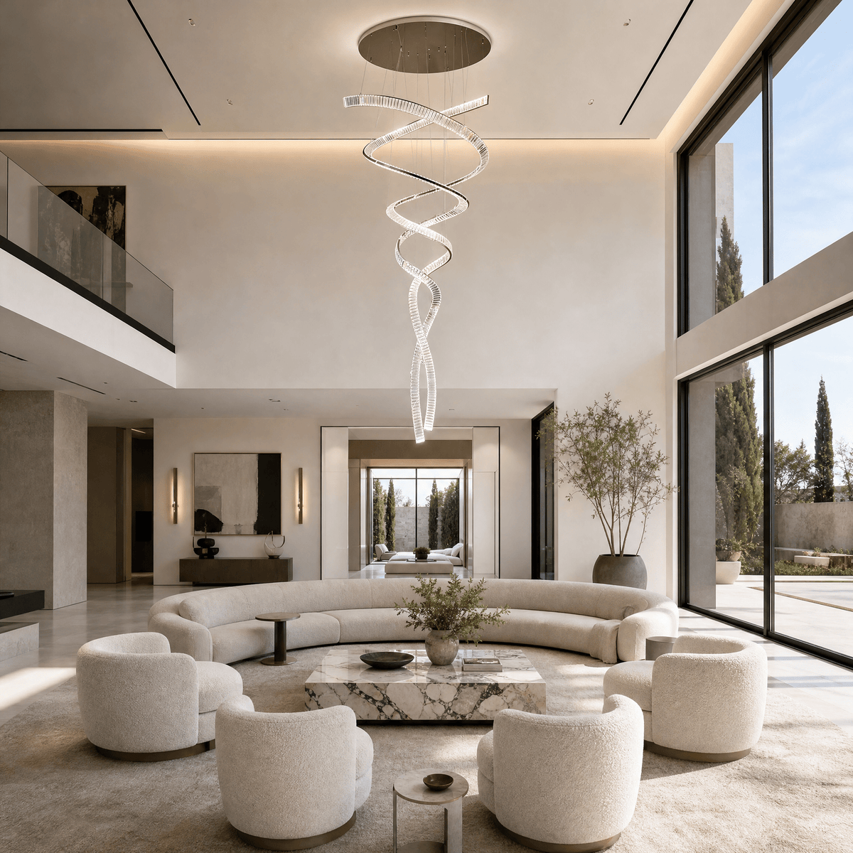Long Spiral Crystal Chandelier with Stainless Steel Frame - ∅ 31.5″ x H 90.1″Stainless steel & Clear crystalCool LightBlushlighting