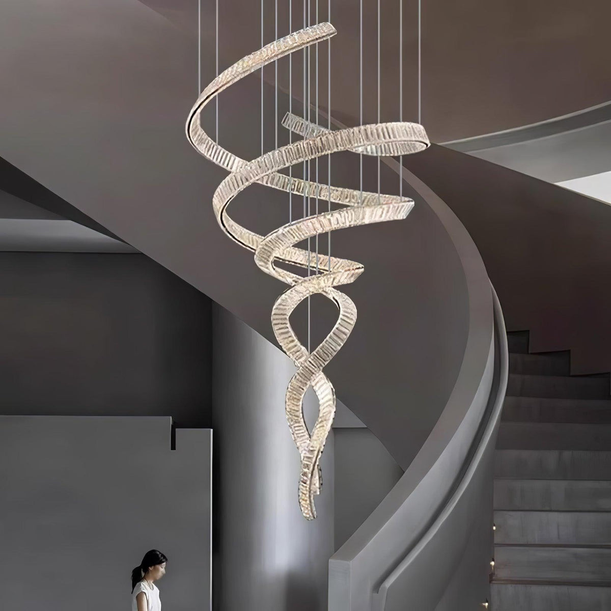 Long Spiral Crystal Chandelier with Stainless Steel Frame - ∅ 31.5″ x H 90.1″Stainless steel & Clear crystalWarm LightBlushlighting