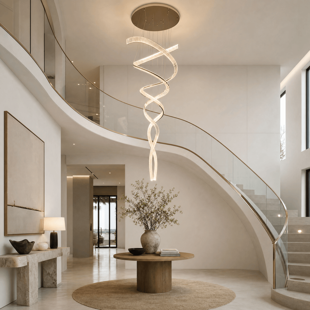 Long Spiral Crystal Chandelier with Stainless Steel Frame - ∅ 31.5″ x H 90.1″Stainless steel & Clear crystalCool LightBlushlighting