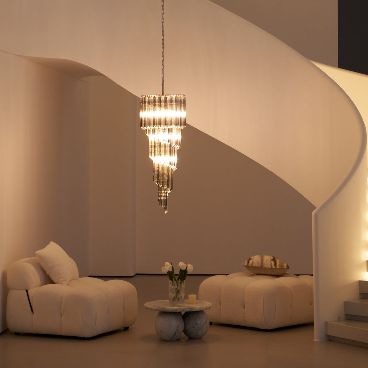 Lucente Noir Spiral Chandelier - ∅ 15.7″ x H 39.4″Grey+Clear Glass & NickelBlushlighting