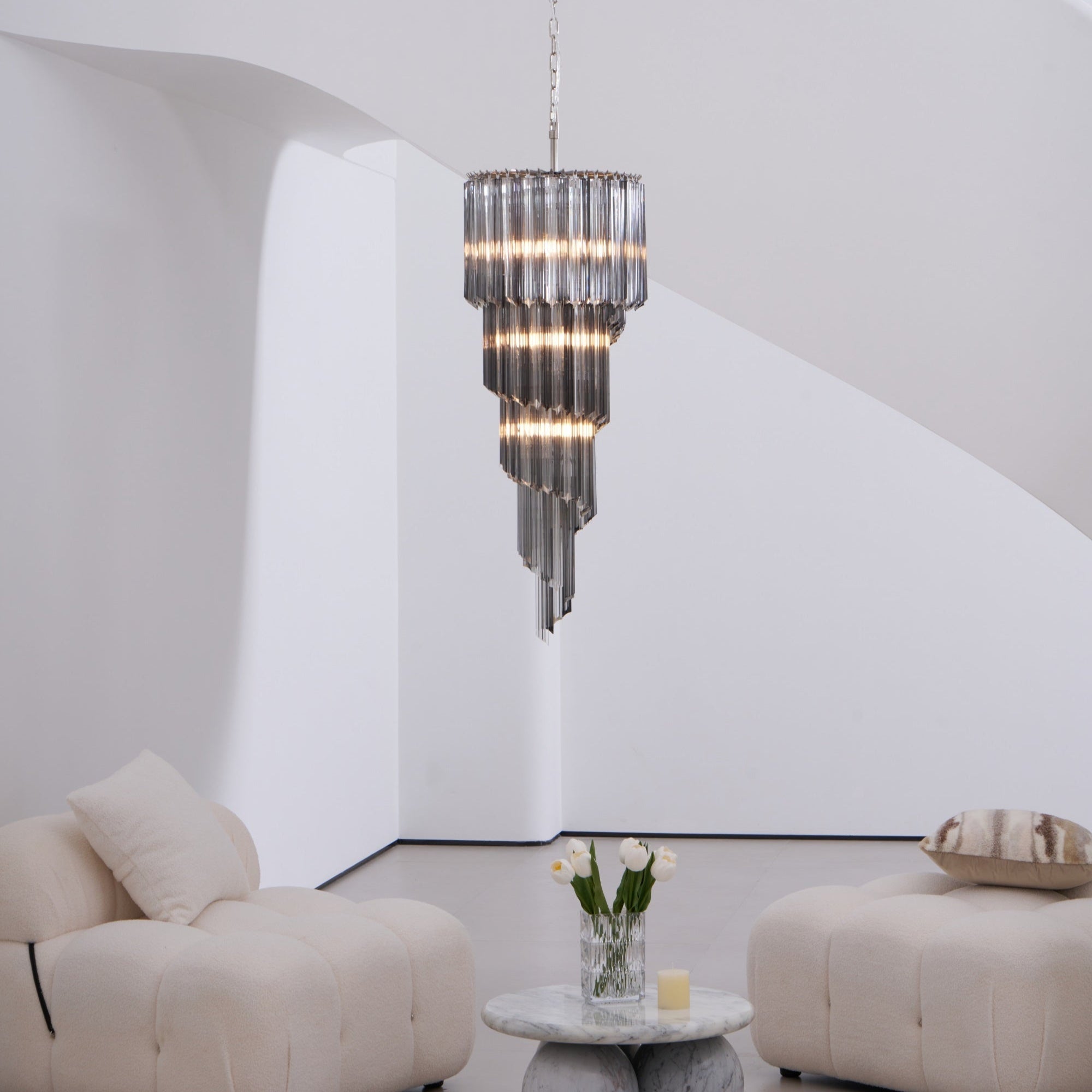 Lucente Noir Spiral Chandelier - ∅ 15.7″ x H 39.4″Grey+Clear Glass & NickelBlushlighting