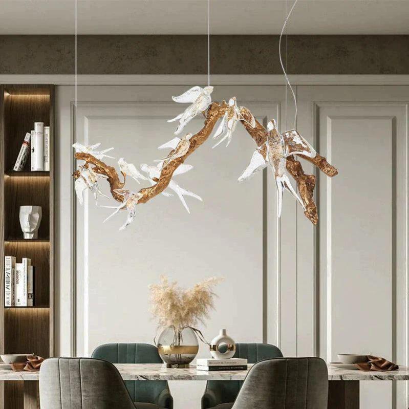 Lucky Bird Glass Branch Round Chandelier For Dining Room - 31.5" D X 16.5" HBlushlighting
