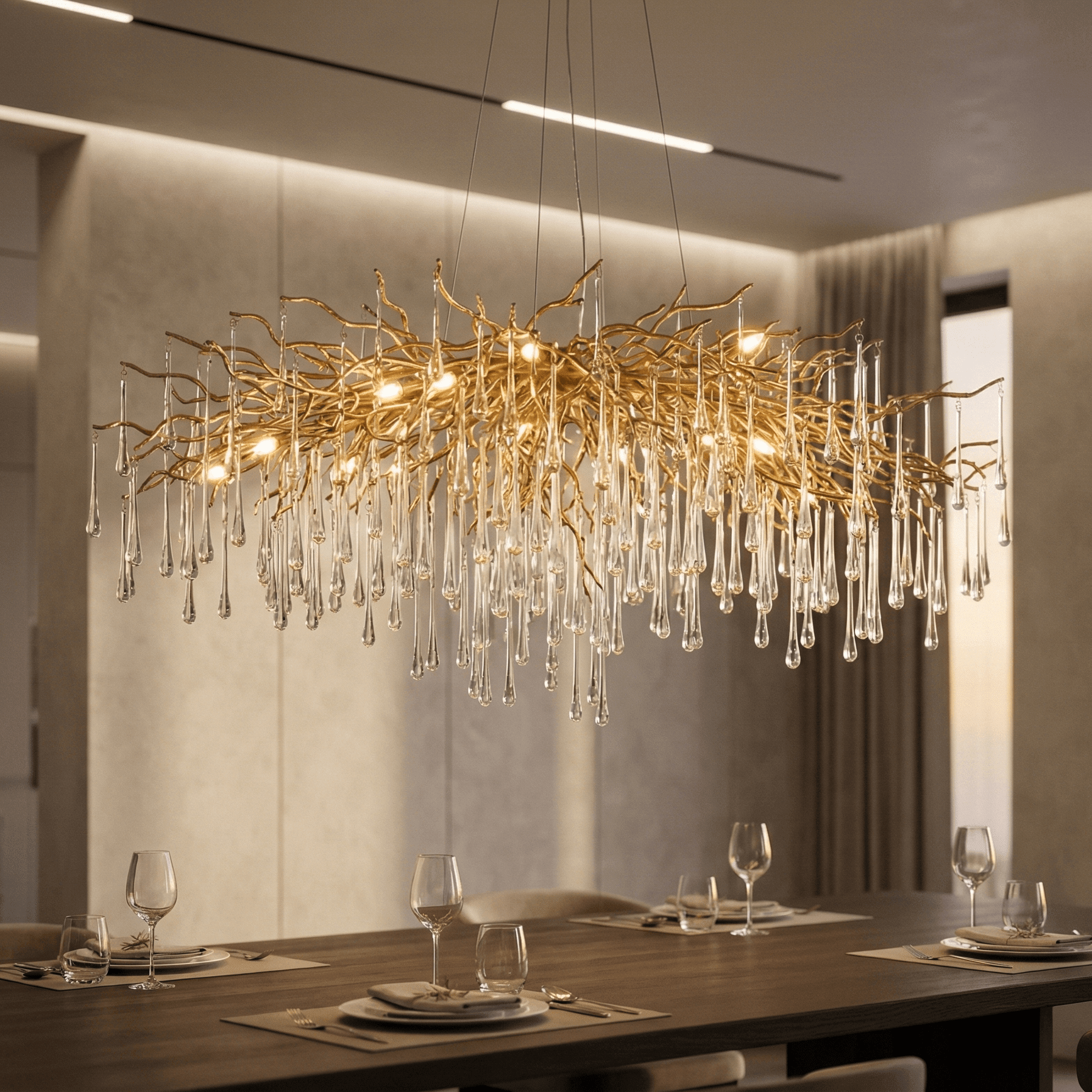 Lukas Oval Branching Brass Linear Teardrop Chandelier - 54" LengthDark CopperBlushlighting