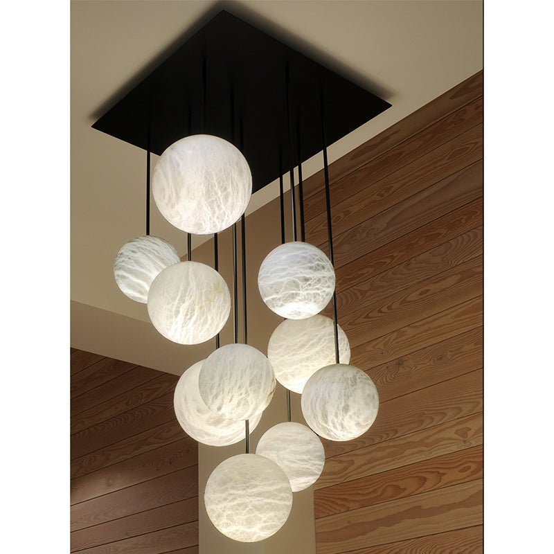 Luna Alabaster Sphere Staircase Chandelier, Multi Pendant Light - 18 Balls ABlushlighting