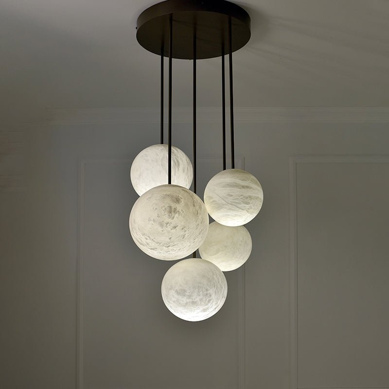 Luna Alabaster Sphere Staircase Chandelier, Multi Pendant Light - 5 BallsBlushlighting