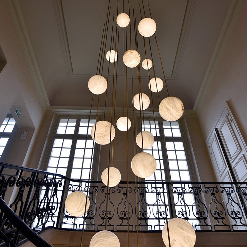 Luna Alabaster Sphere Staircase Chandelier, Multi Pendant Light - 3 BallsBlushlighting