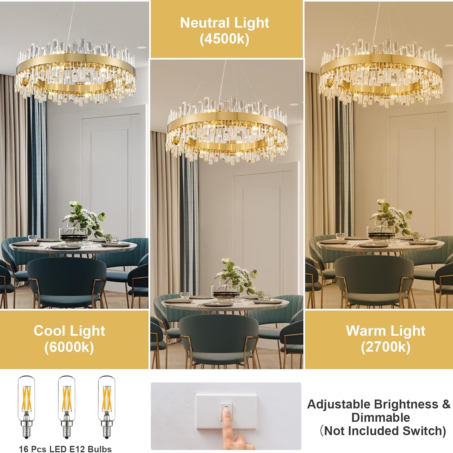 Luxurious 16-Light Brass Gold Crystal Chandelier – Modern Round 2‑Tier Design