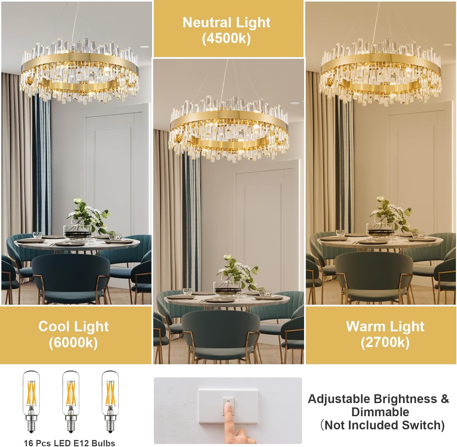 Luxurious 16-Light Brass Gold Crystal Chandelier – Modern Round 2‑Tier Design