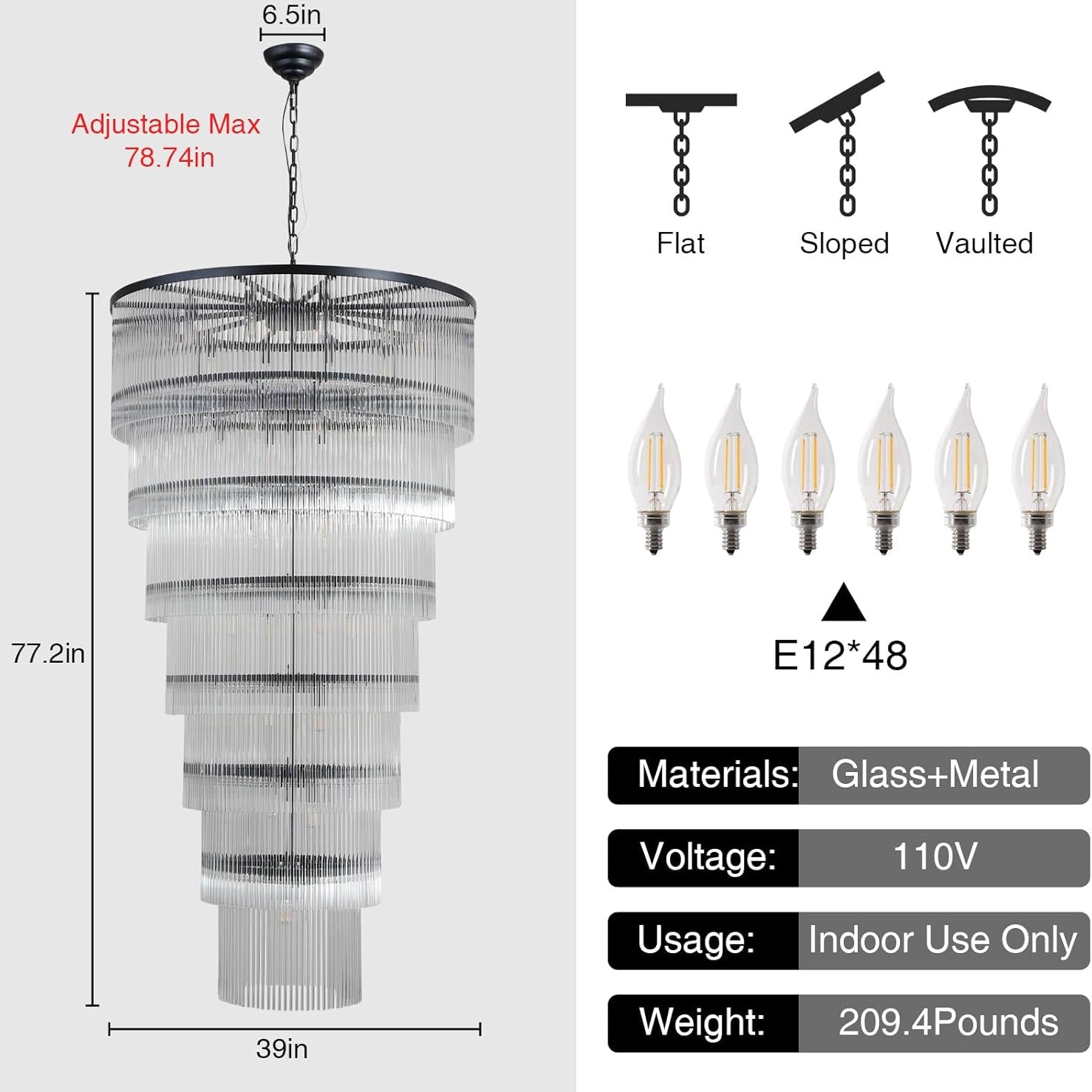 Luxurious 7‑Tier Black Glass Chandelier with 48 Lights