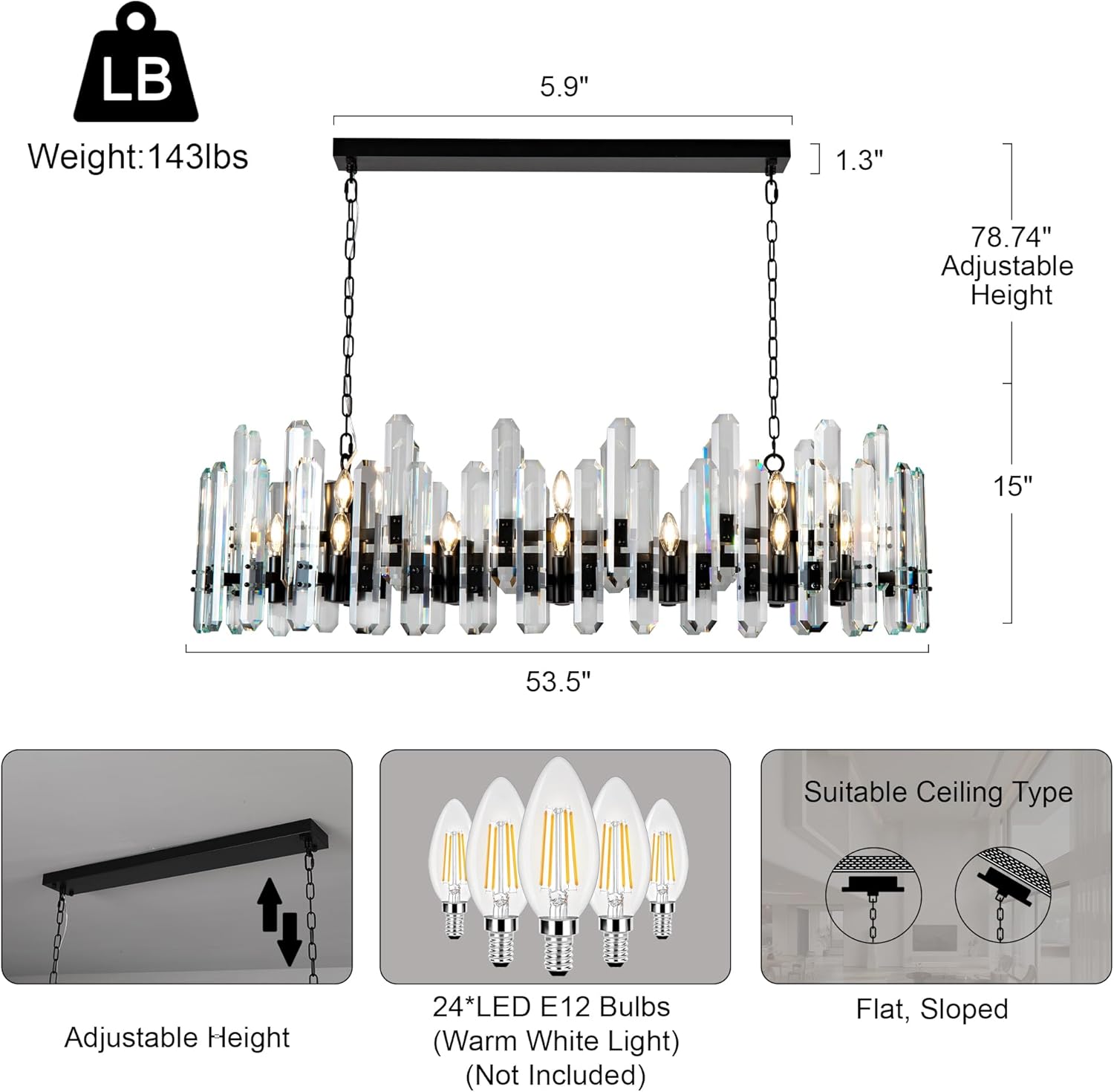 Luxury 54" Black Rectangular Crystal Chandelier with Adjustable Chain - BlackRectangular - L54"Blushlighting