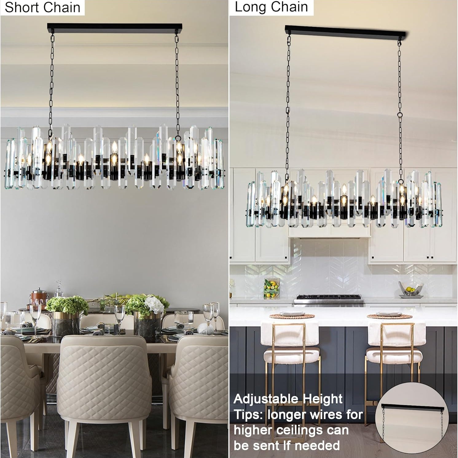 Luxury 54" Black Rectangular Crystal Chandelier with Adjustable Chain