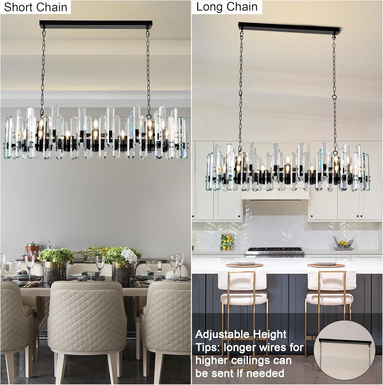 Luxury 54" Black Rectangular Crystal Chandelier with Adjustable Chain