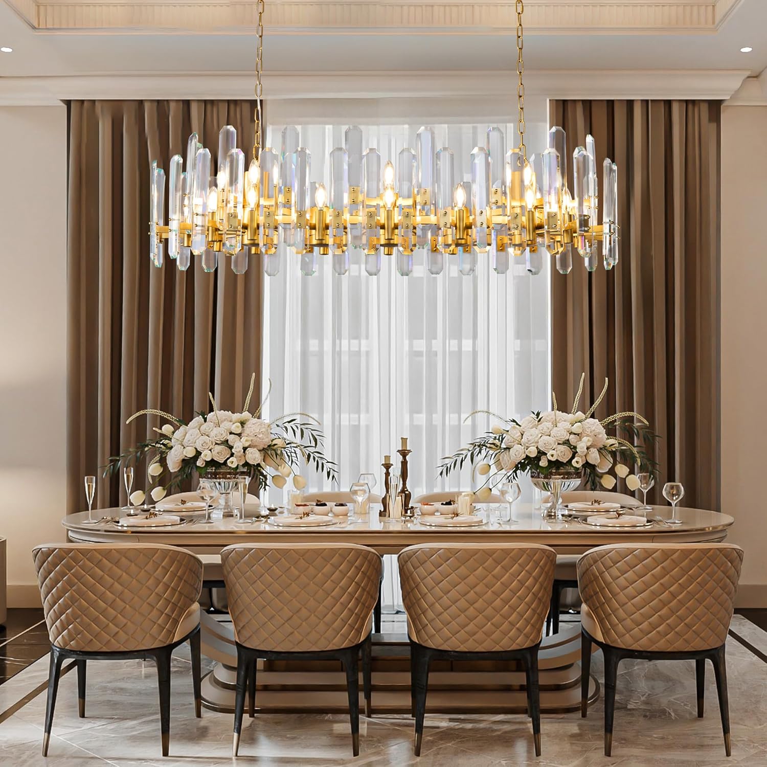 Luxury 54" Gold Crystal Chandelier – 24 Light Rectangular Fixture for Dining & Living Rooms - GoldRectangular - L54"Blushlighting