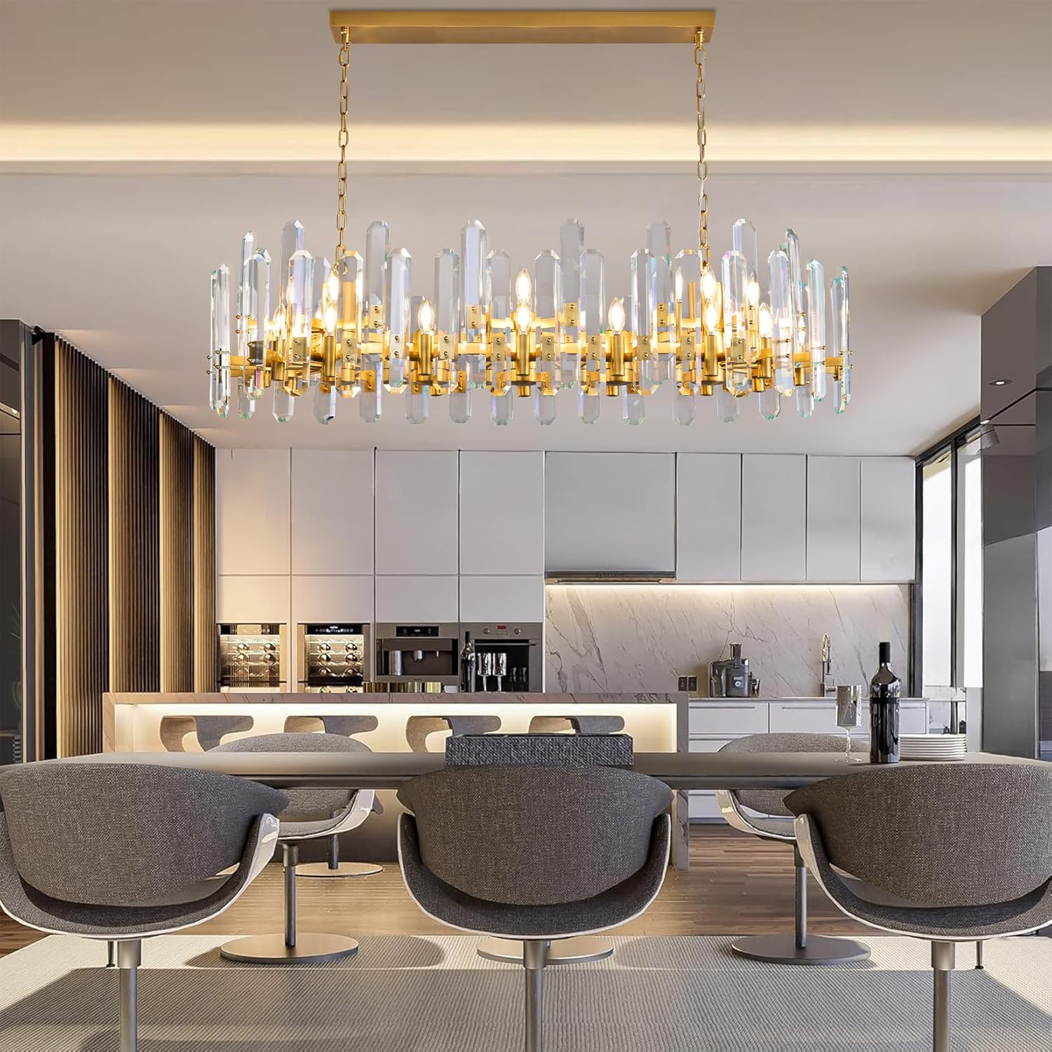 Luxury 54" Gold Crystal Chandelier – 24 Light Rectangular Fixture for Dining & Living Rooms - GoldRectangular - L54"Blushlighting