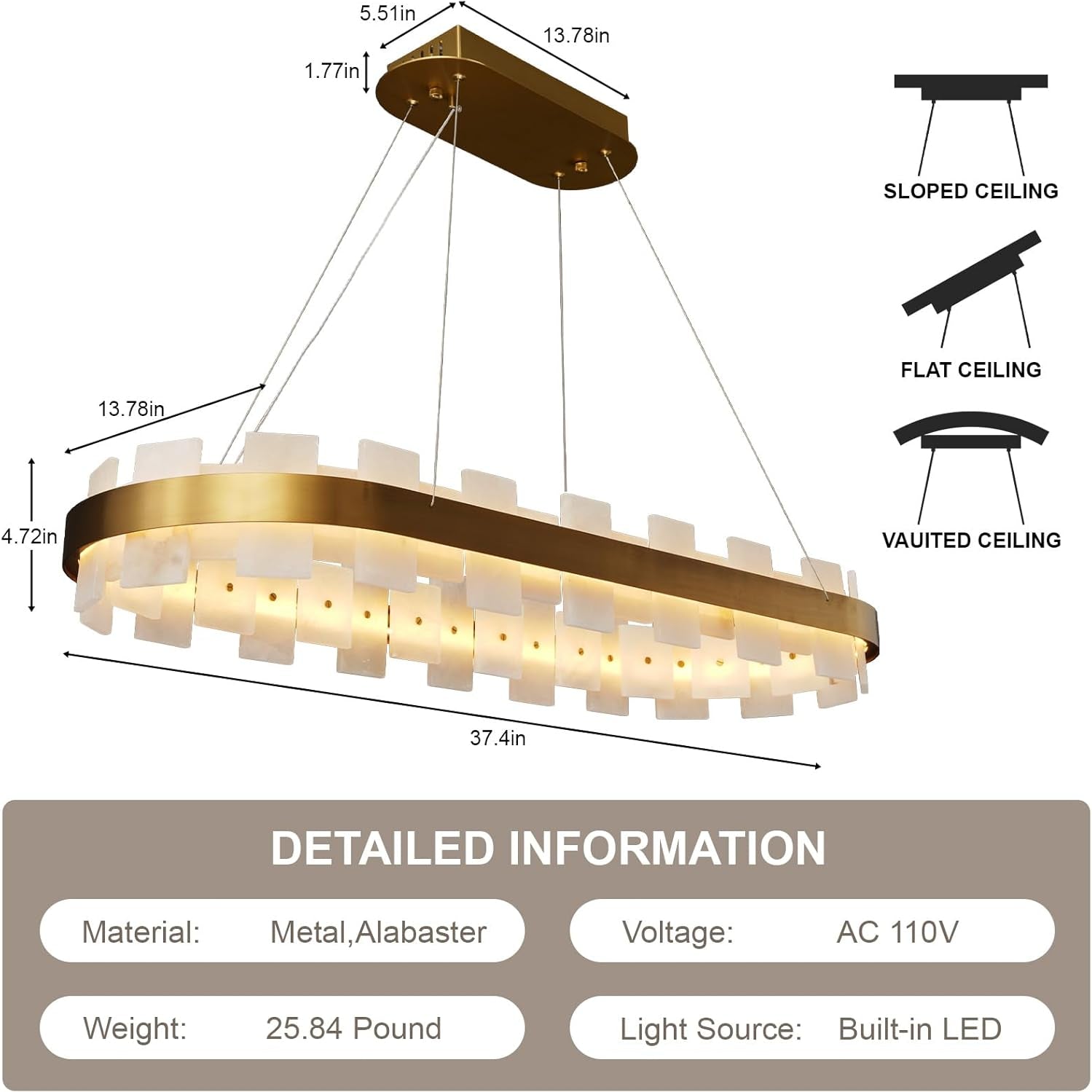 Luxury Adjustable Rectangle Alabaster Chandelier 37.4" Modern Ceiling Light