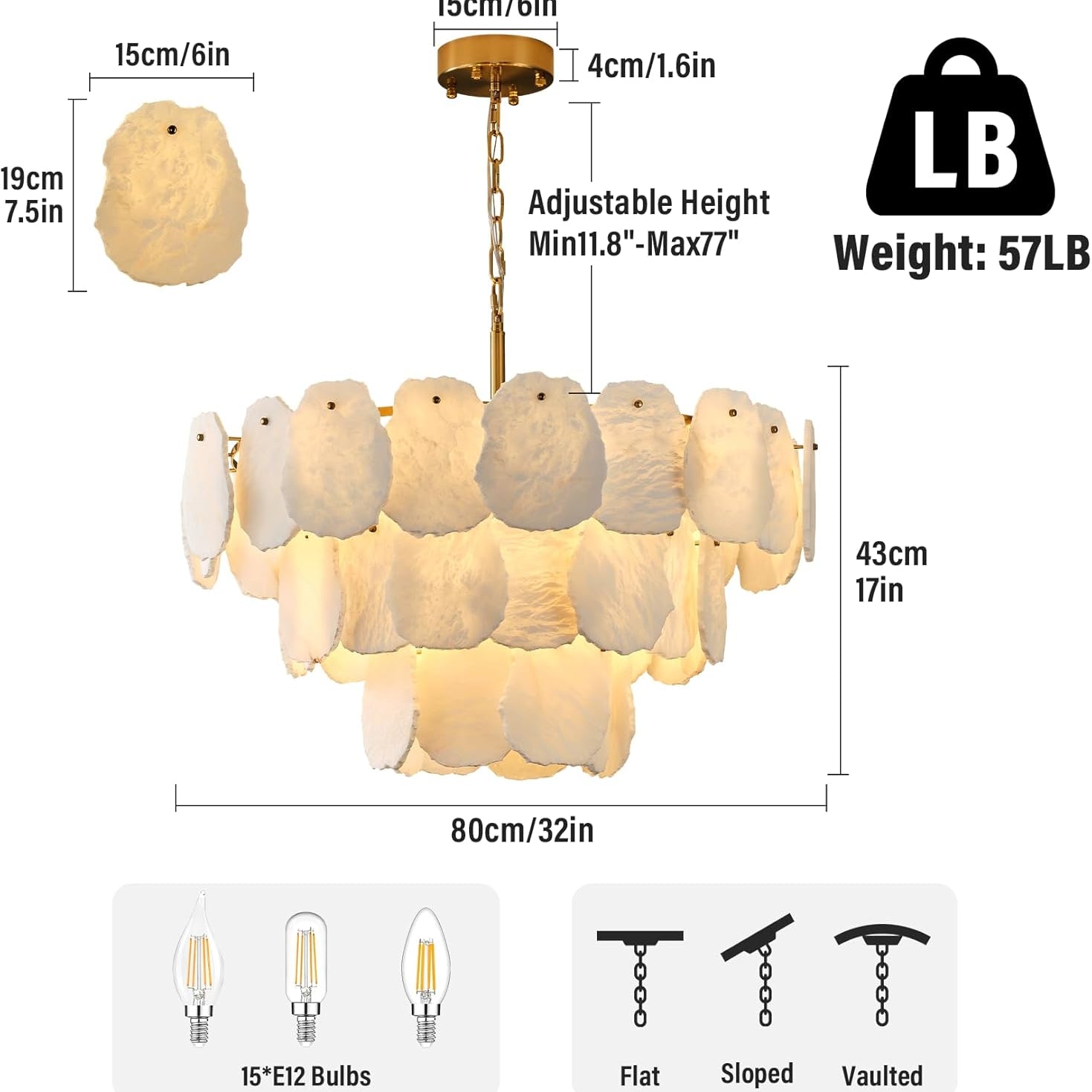 Luxury Alabaster Chandelier – 32" D, 15‑Bulb Natural Spanish Stone Light Fixture