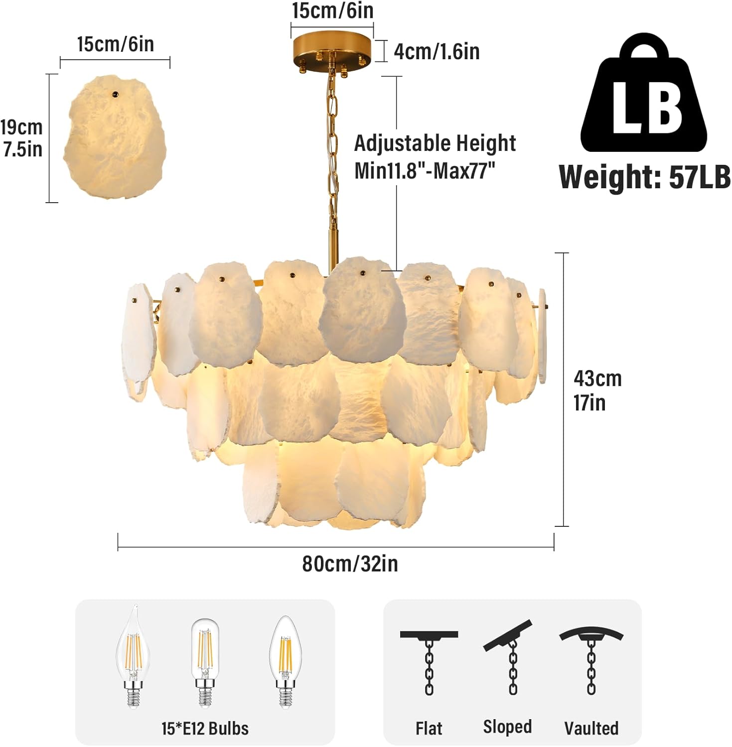 Luxury Alabaster Chandelier – 32" D, 15‑Bulb Natural Spanish Stone Light Fixture