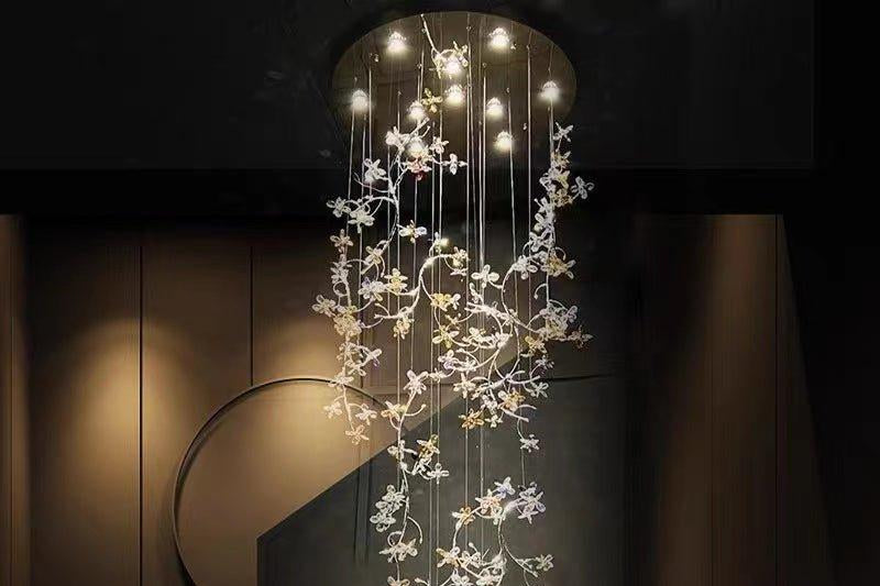Luxury Branch Flower Crystal Chandelier for High Ceiling Staircase Foyer and Hallway Decor - D19.7"*H118"/18kgGoldWarm LightBlushlighting