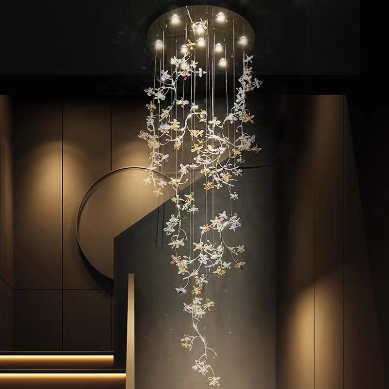 Luxury Branch Flower Crystal Chandelier for High Ceiling Staircase Foyer and Hallway Decor-Chandeliers-Blushlighting